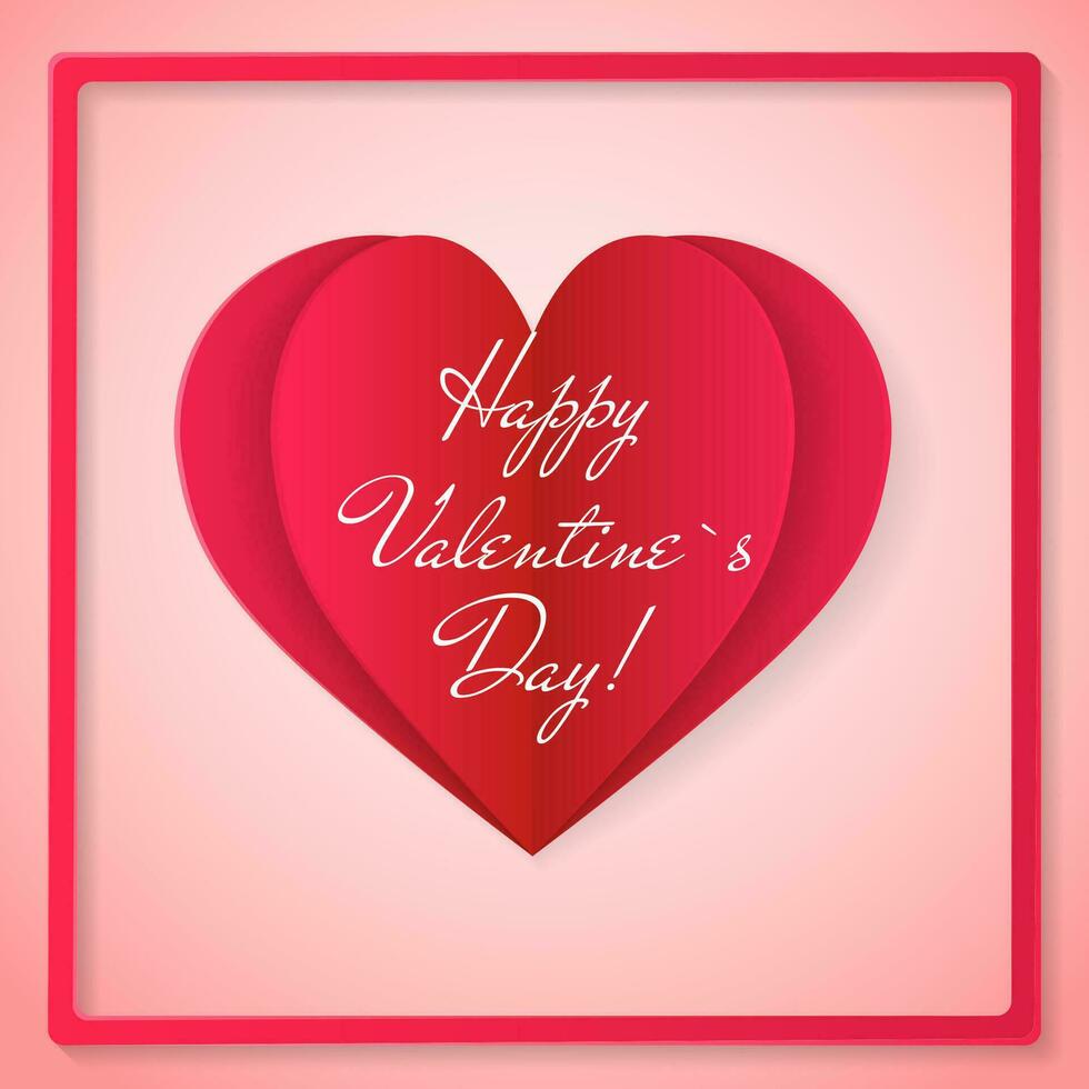 Lycklig valentines dag inbjudan kort mall med röd origami papper hjärta. rosa bakgrund. vektor illustration