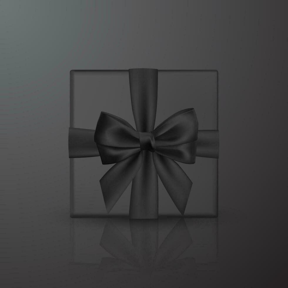 realistisk svart gåva låda med svart rosett och band. element för dekoration gåvor, hälsningar, högtider. vektor illustration