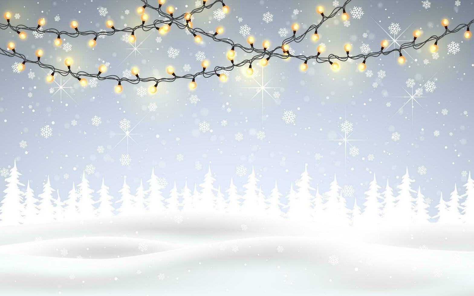 Winter ist Kommen. Weihnachten, schneebedeckt Nacht Wald Landschaft mit fallen Schnee, Tannen, Licht Girlande, Schneeflocken zum Winter und Neu Jahr Feiertage. Weihnachten Winter Hintergrund vektor