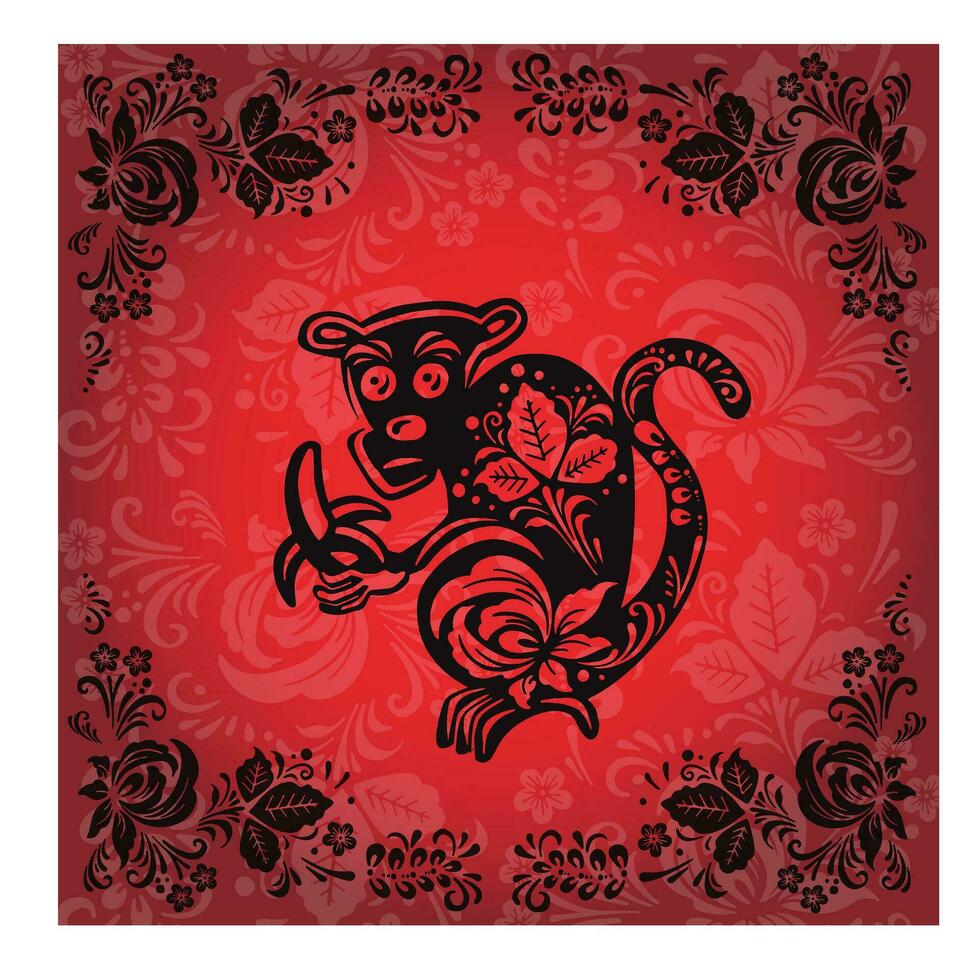 vykort apa röd och svart i etnisk ryska stil, symbol av de år, vektor illustration