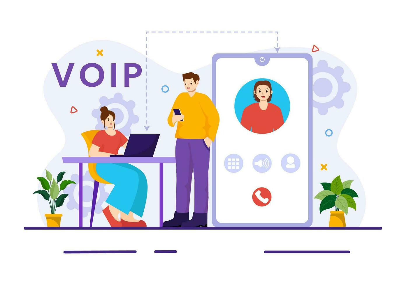 voIP eller röst över internet protokoll vektor illustration med telefoni schema teknologi och nätverk telefon ring upp programvara i platt bakgrund