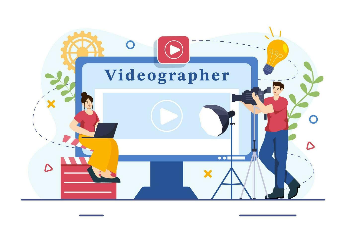 Videograf Dienstleistungen Vektor Illustration mit Aufzeichnung Video Produktion, Film, Ausrüstung und Kino Industrie im eben Karikatur Hintergrund