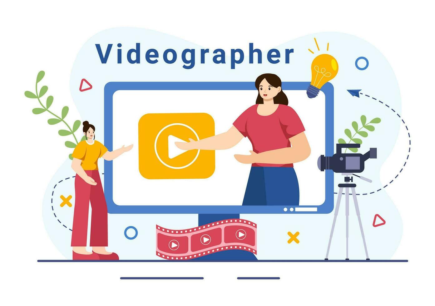 videographer tjänster vektor illustration med spela in video produktion, film, Utrustning och bio industri i platt tecknad serie bakgrund