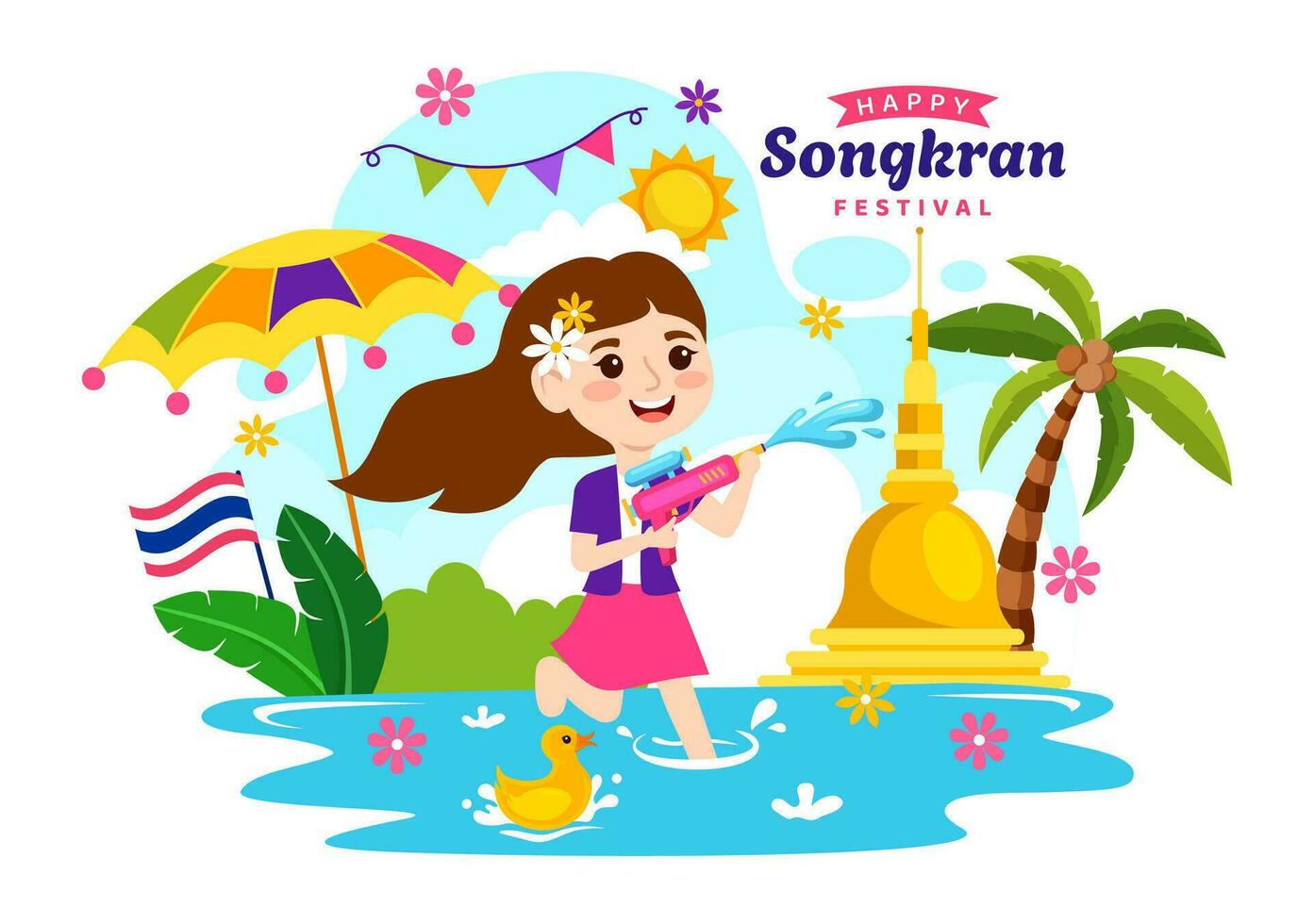 glücklich Songkran Festival Tag Vektor Illustration mit Kinder spielen Wasser Gewehr im Thailand Feier im National Urlaub eben Karikatur Hintergrund