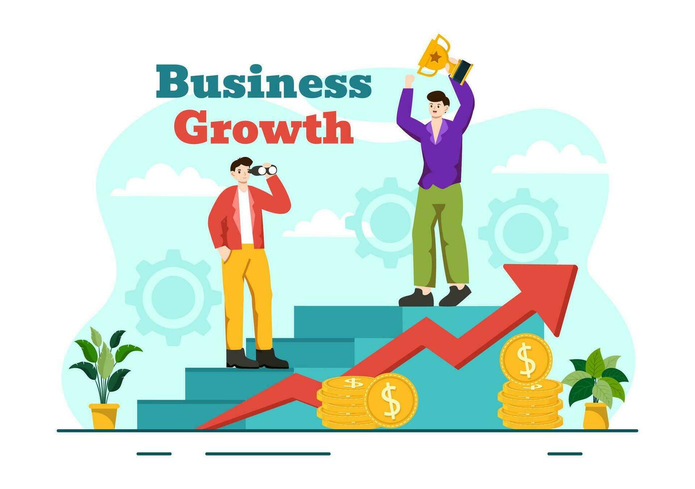 företag tillväxt vektor illustration med pil mål riktning upp, öka vinster, lyft och aning planera pengar ökande i platt bakgrund