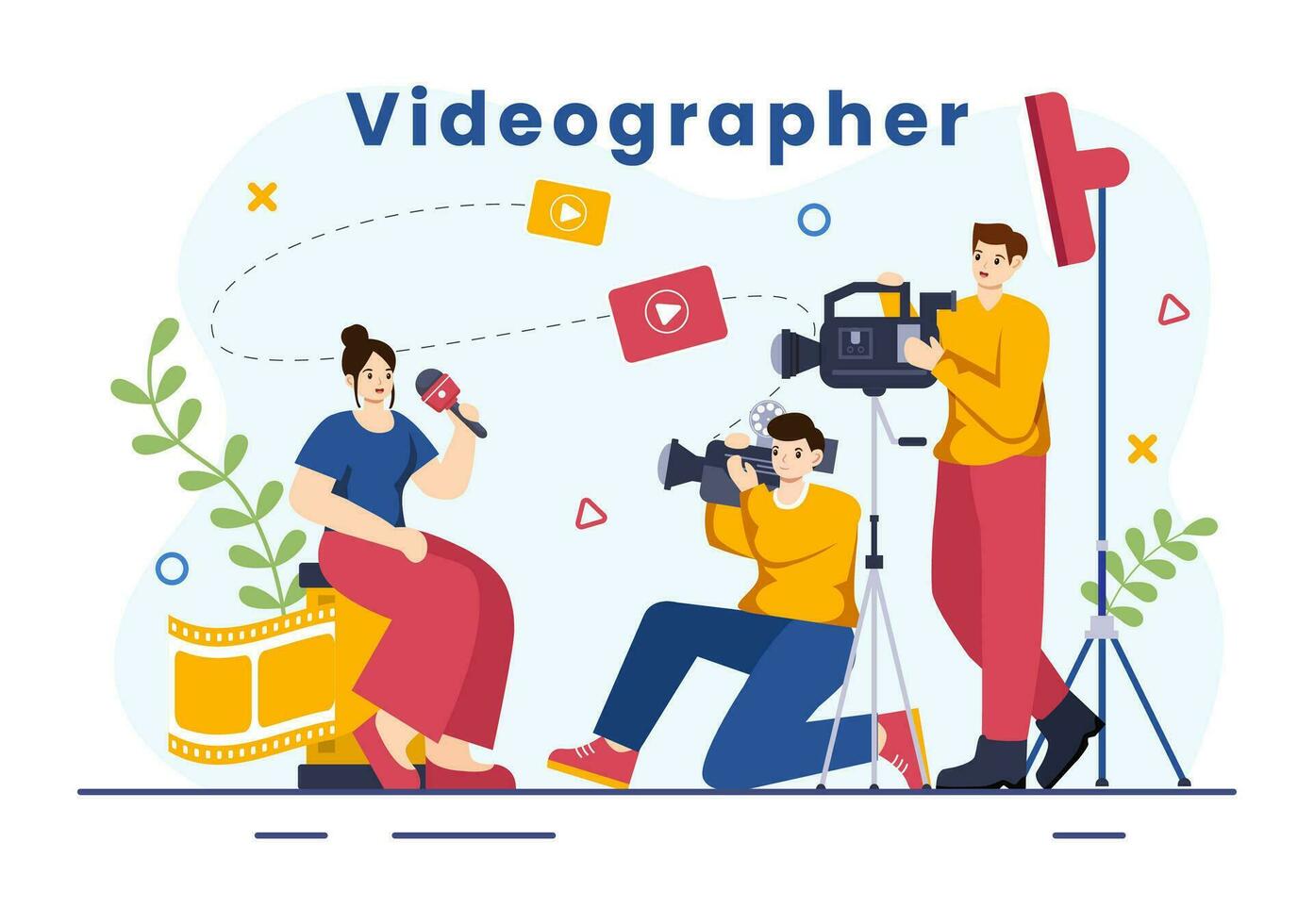 Videograf Dienstleistungen Vektor Illustration mit Aufzeichnung Video Produktion, Film, Ausrüstung und Kino Industrie im eben Karikatur Hintergrund