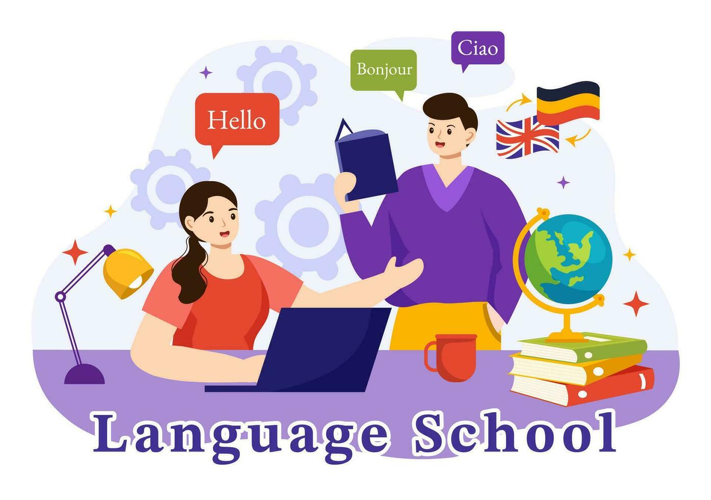 språk skola vektor illustration av uppkopplad inlärning, kurser, Träning program och studie utländsk hallå språk utomlands i platt bakgrund