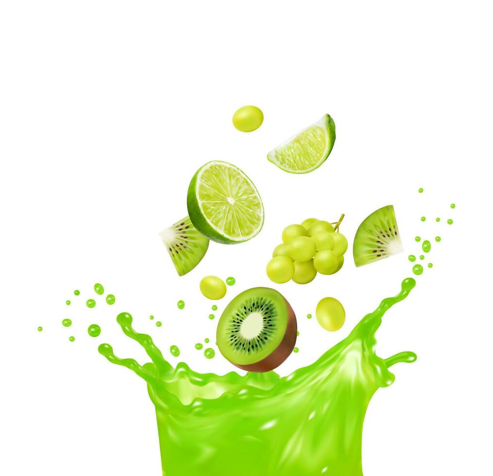 grön frukt juice stänk med kalk, kiwi, druva vektor
