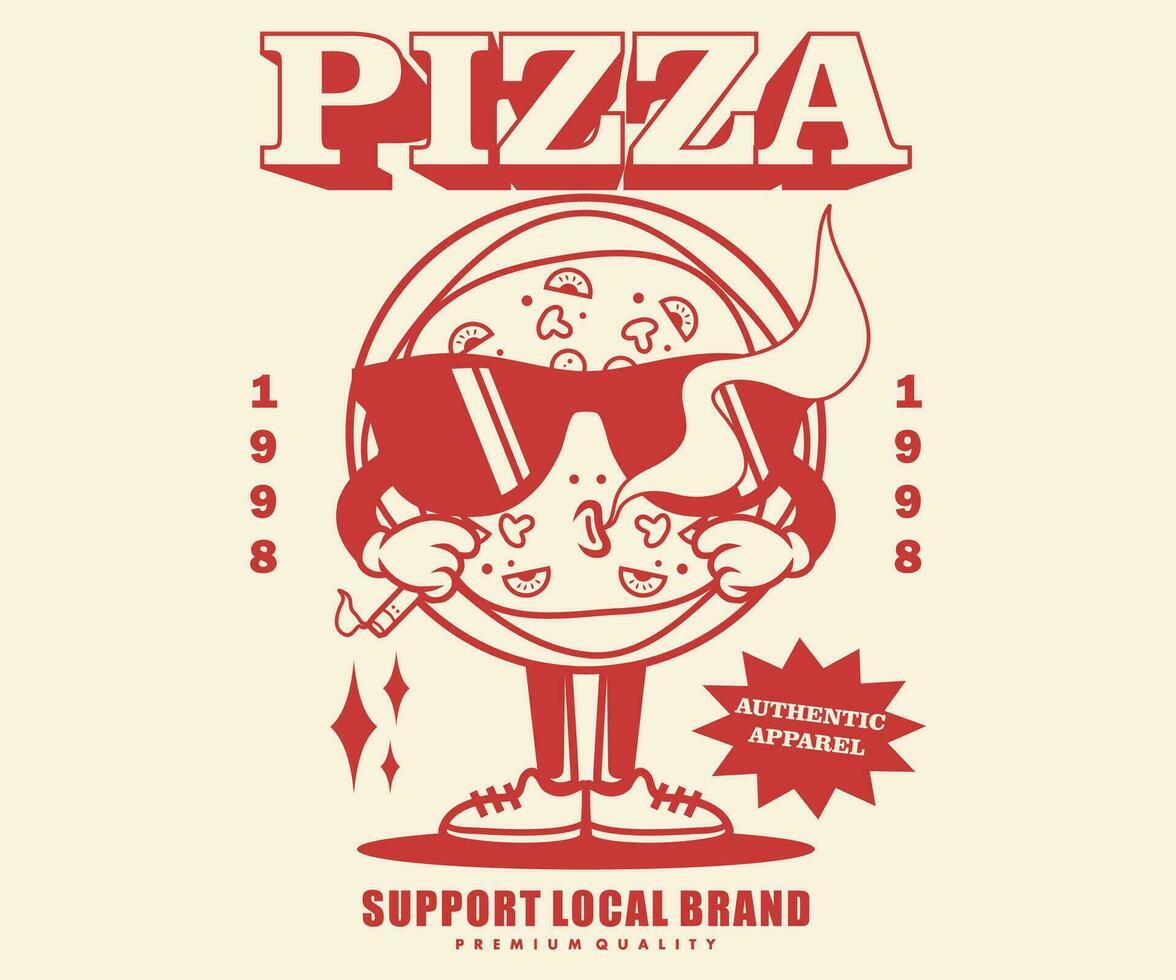 Jahrgang Illustration retro Poster Karikatur Charakter von Pizza Grafik Design zum t Hemd Straße tragen und städtisch Stil vektor