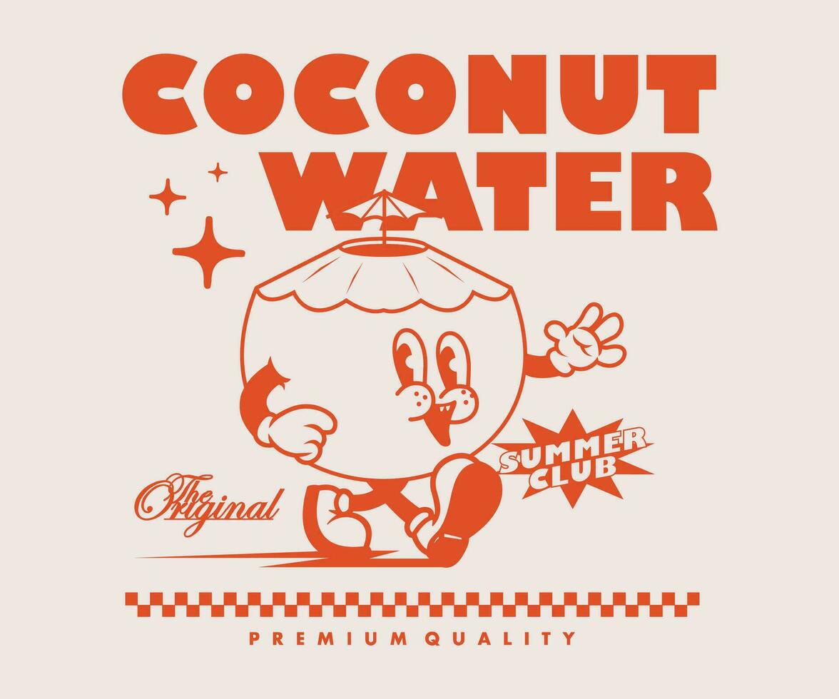 Jahrgang Illustration von Kokosnuss, Sommer- Zeit Grafik Design zum t Hemd Straße tragen und städtisch Stil vektor