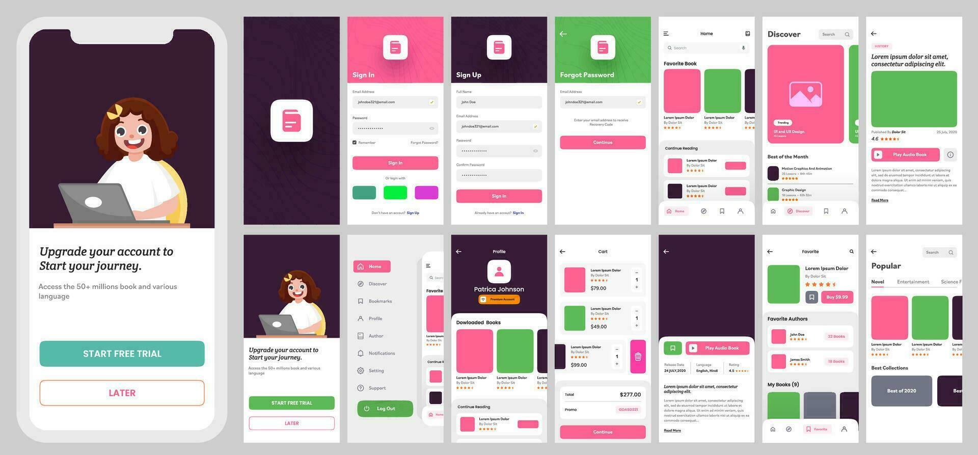 Handy, Mobiltelefon App ui Kit einschließlich wie Zeichen In, Zeichen hoch, vergessen Passwort, Liebling Buch, entdecken Bildschirme zum reaktionsschnell Webseite. online Lernen oder Bildung Konzept. vektor