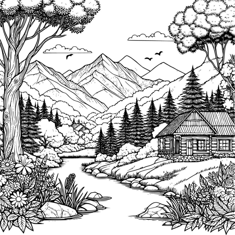 Panorama Färbung Buch schwarz und Weiß. Umgebung Vektor Zeichnung