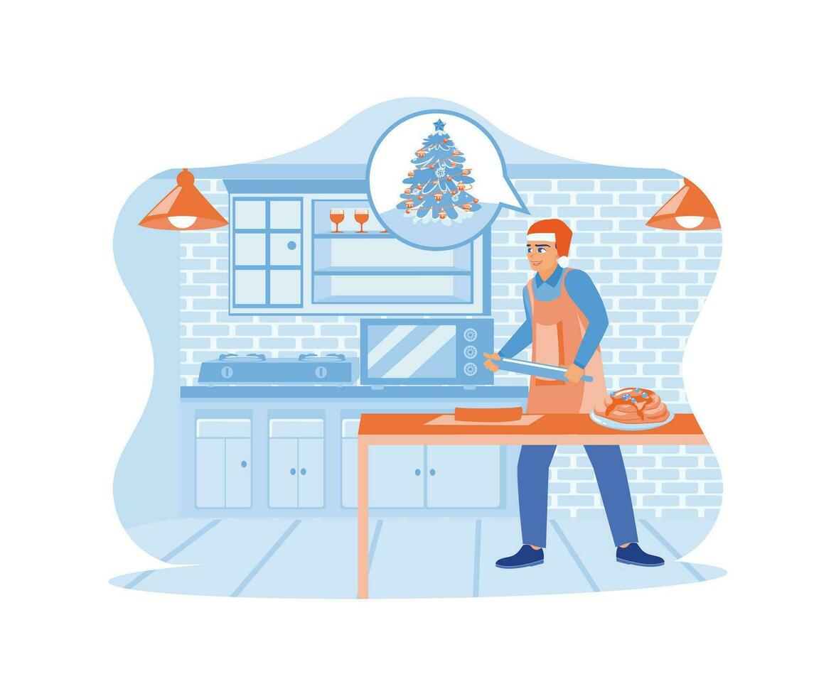 jung Mann im Santa Hut Kochen im Zuhause Küche. bereiten Kuchen und Essen zu Essen zusammen beim Weihnachten. Familie Teilen Weihnachten Vorabend Konzept. Trend modern eben Vektor Illustration