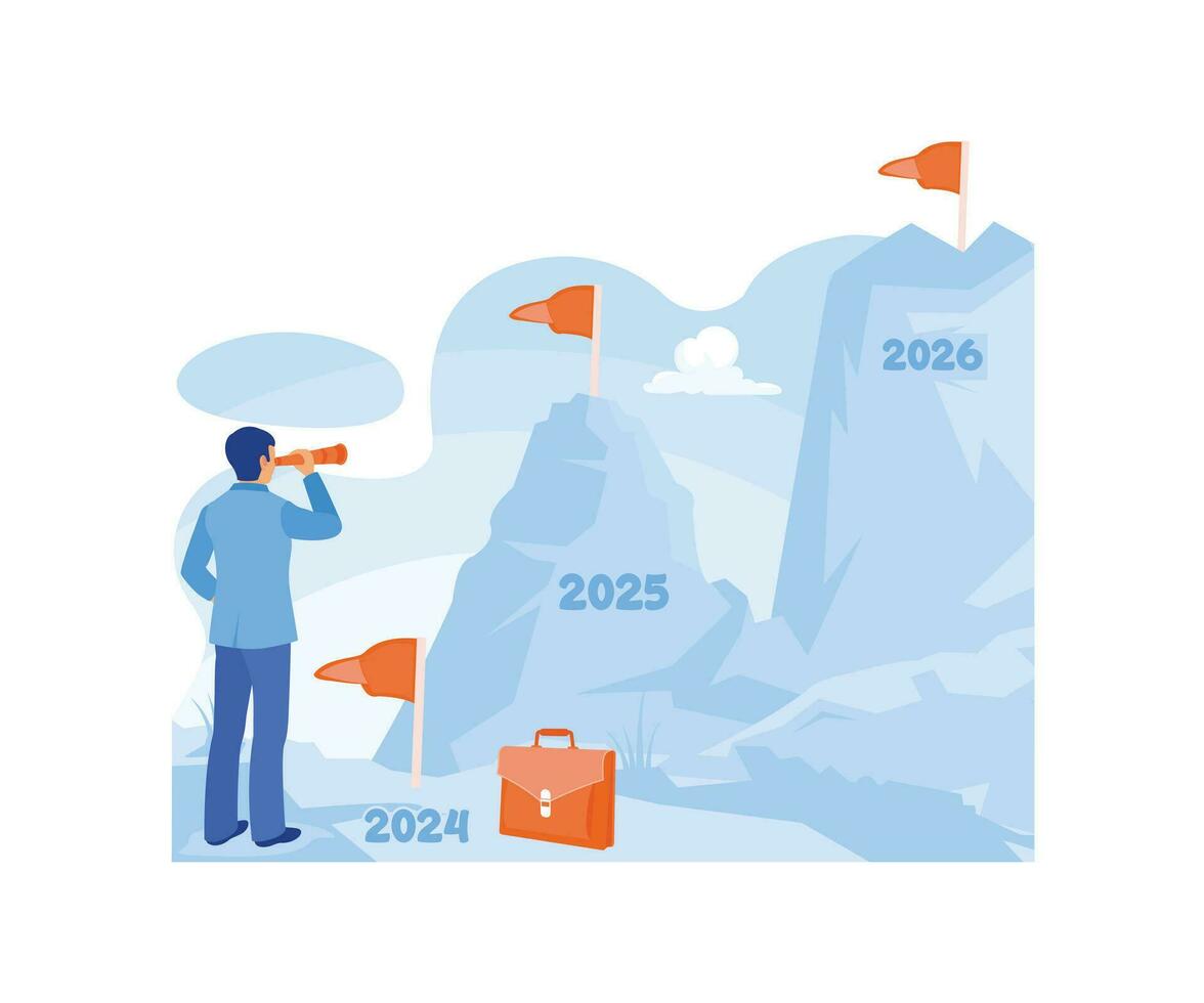 affärsman ser på de topp av de berg till ser företag mål i 2024, 2025, och 2026. Lycklig ny år begrepp. trend modern vektor platt illustration