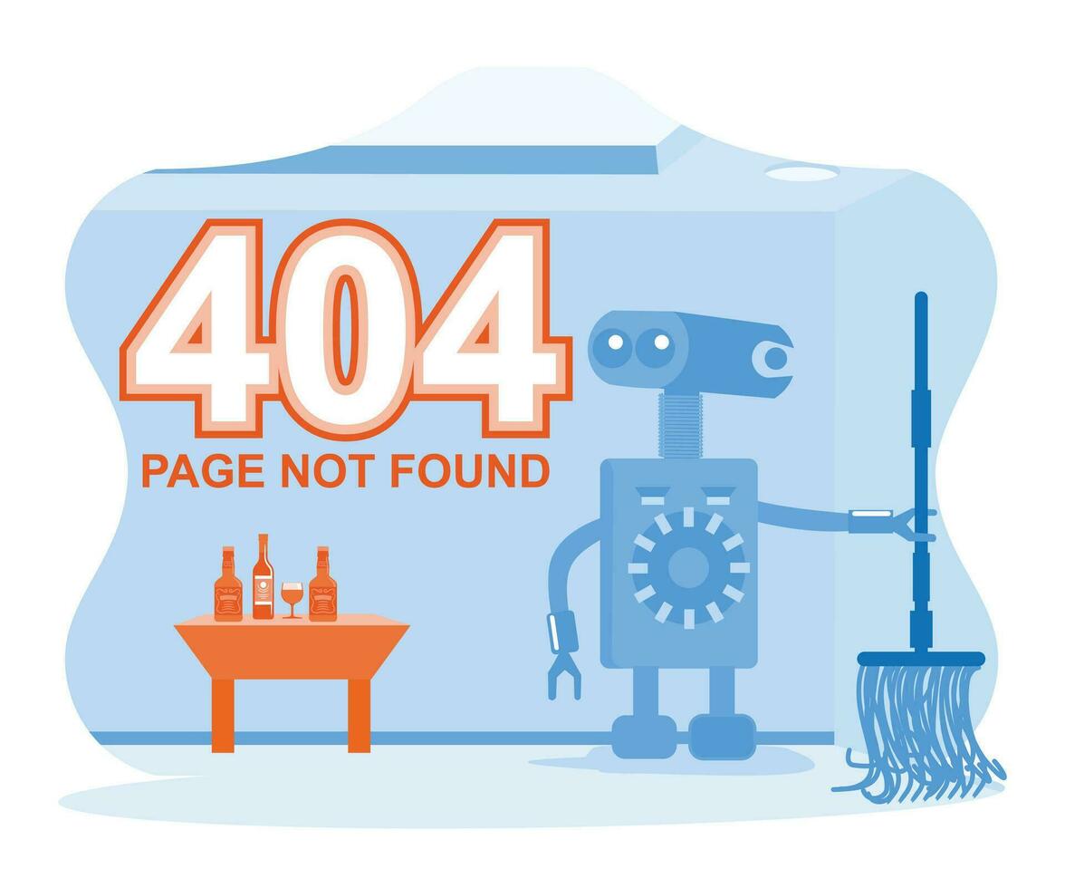 robot tvättning maskin med en mopp, glas av vin, och flaska på de tabell. 404 fel sida inte hittades. 404 fel sida begrepp. trend modern platt vektor illustration