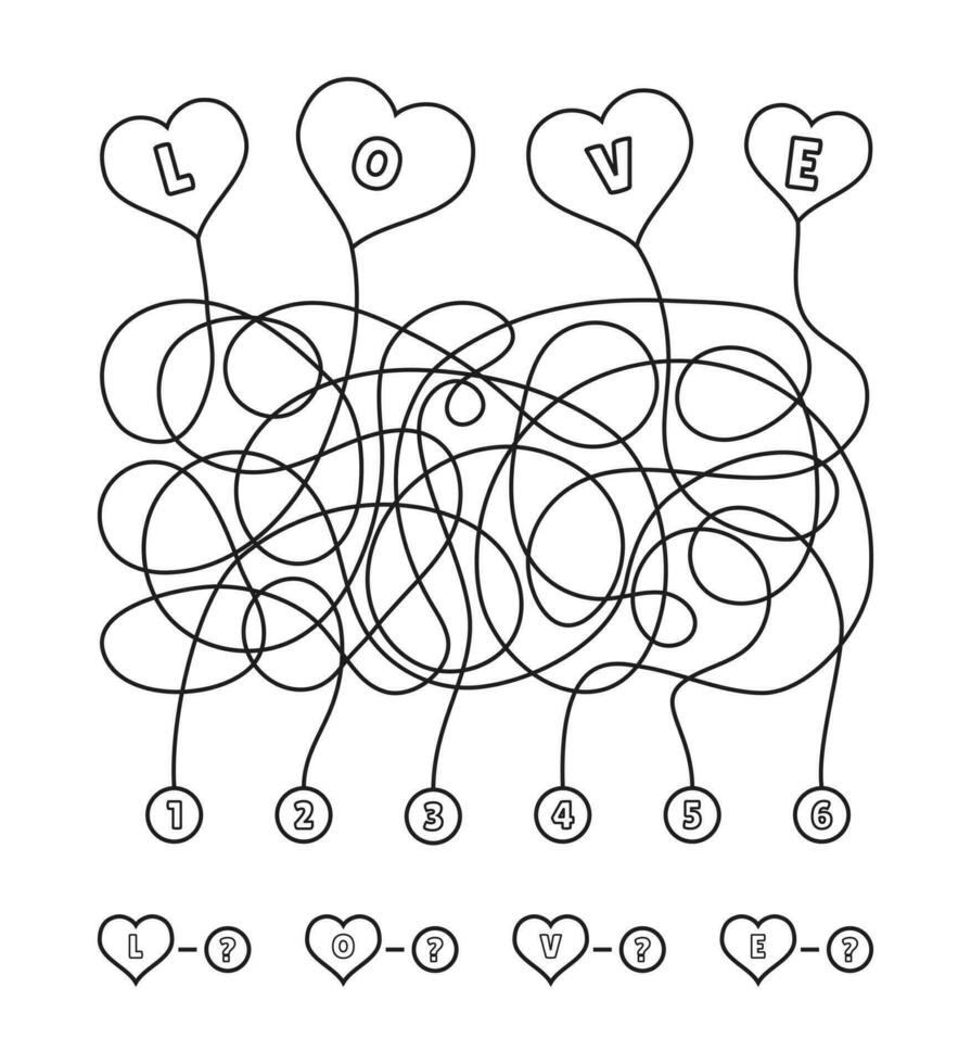 Valentinstag Tag schwarz und Weiß Vektor Matze zum Kinder. romantisch Puzzle oder Färbung Buch auf das Thema von Liebe. Hilfe mich entwirren das Bälle.