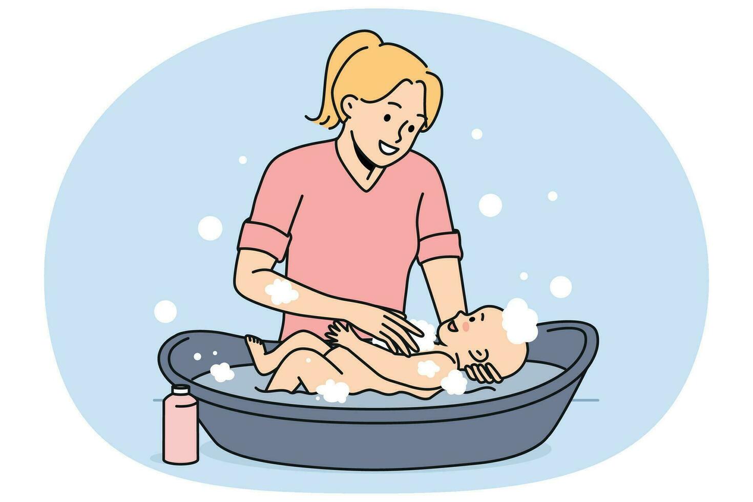 lächelnd Mutter Waschen Neugeborene Baby vektor