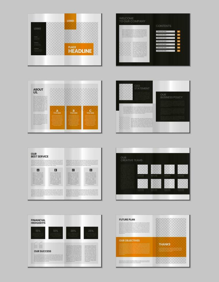 företag profil, flersida flygblad broschyr, 16 sidor portfölj tidskrift, årlig Rapportera, katalog och a4 flersida mall design vektor