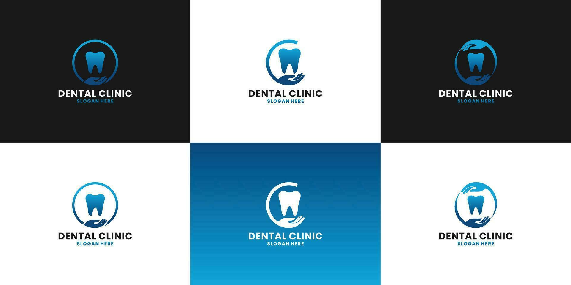 dental klinik, dental vård logotyp design med lutning Färg. dental med hand kombinera vektor