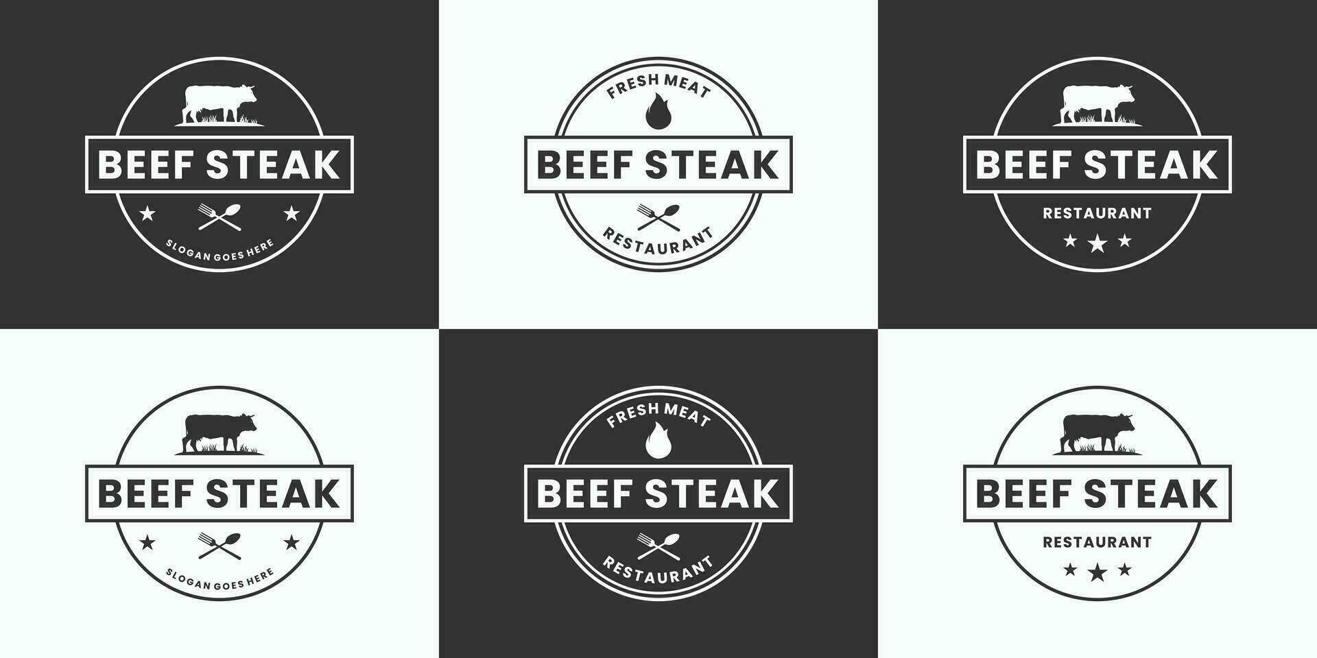 einstellen von Rindfleisch Steak, Grill, Logo Design Abzeichen zum Restaurant. vektor