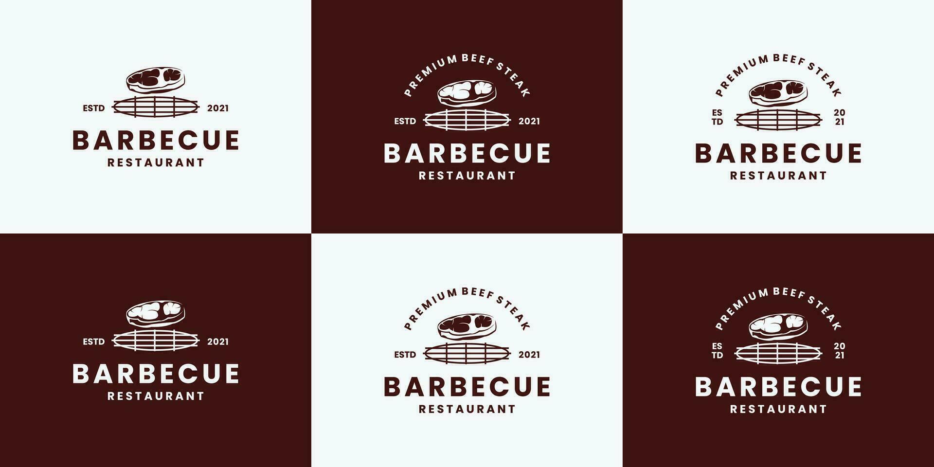 einstellen von Grill, Rindfleisch Steak Logo Design Jahrgang retro Stil vektor