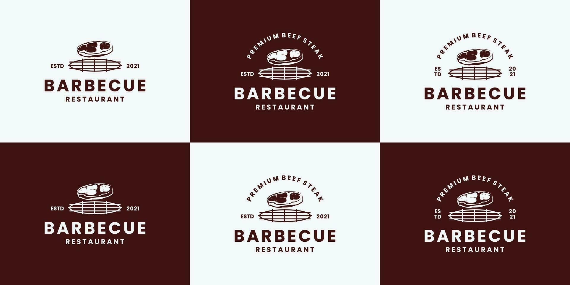 uppsättning av utegrill, nötkött biff logotyp design årgång retro stil vektor