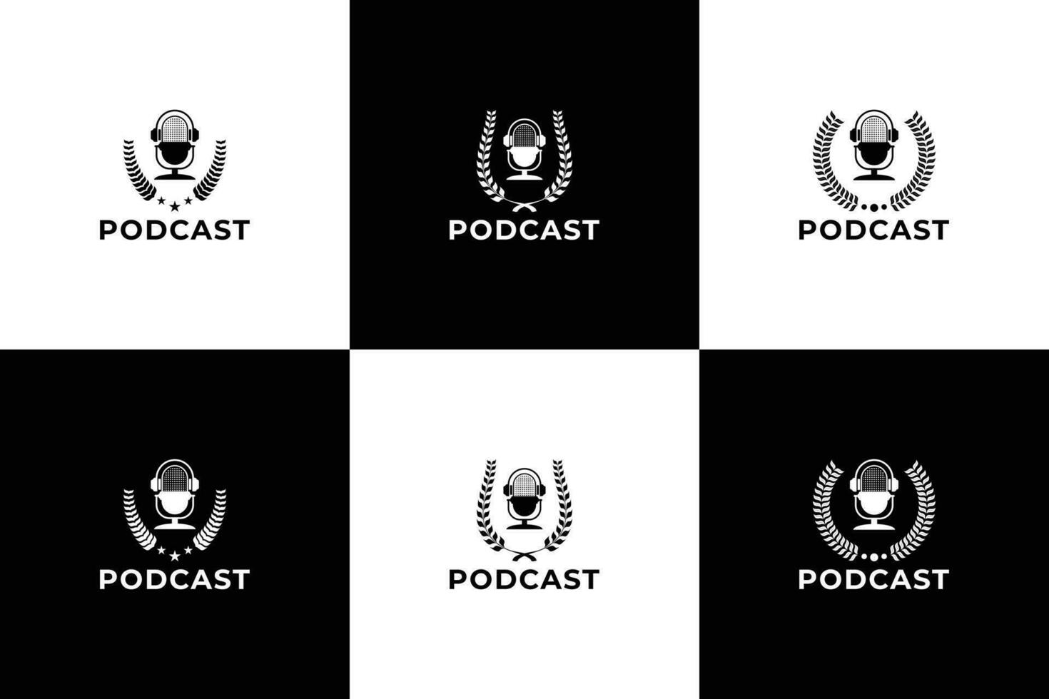 uppsättning av podcast logotyp. mikrofon med krans kombinera. podcast bricka mall. vektor