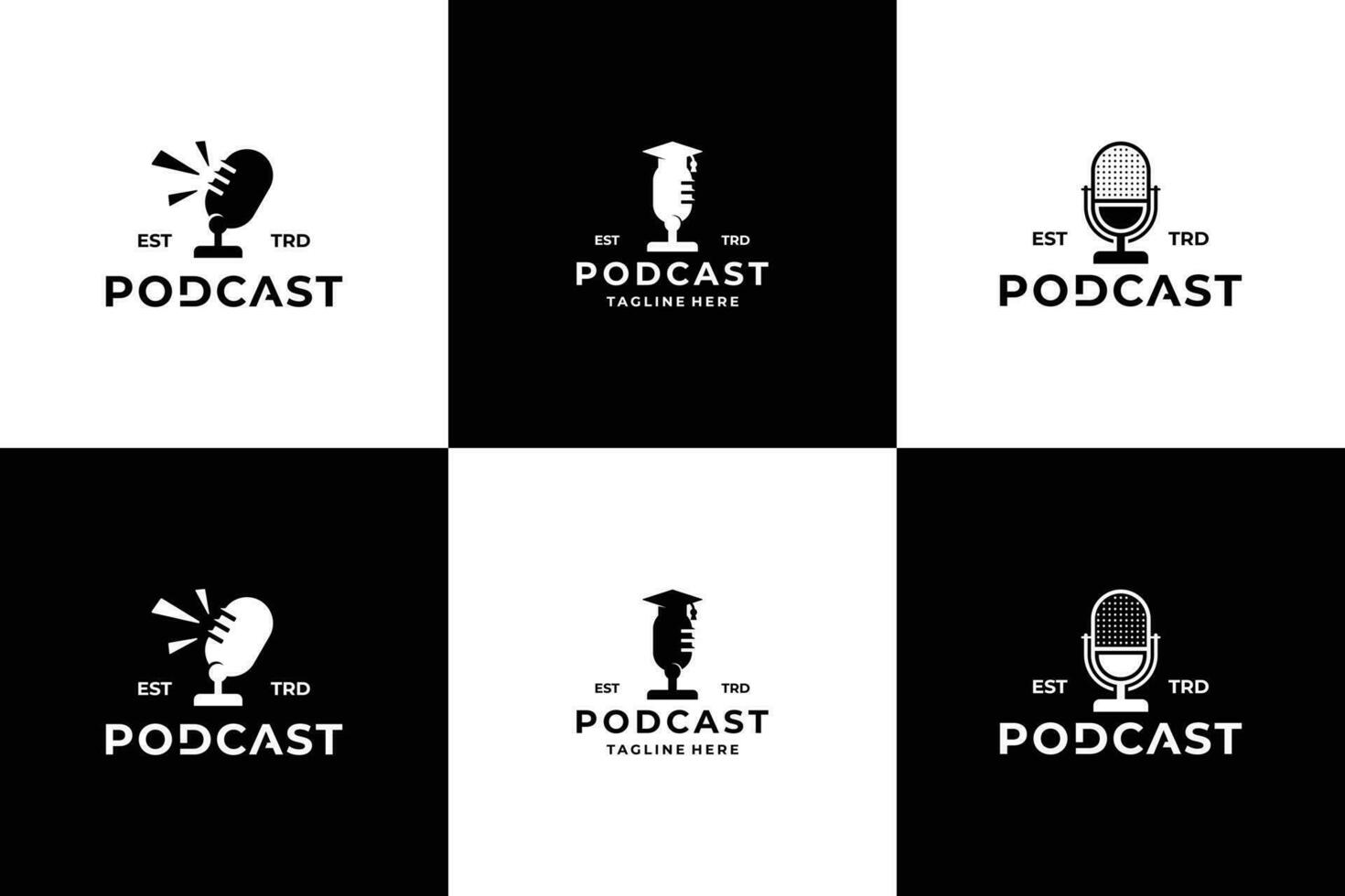 einstellen von Radio Embleme. Podcast Logo, Übertragung und Studio Abzeichen mit Jahrgang Mikrofone. vektor