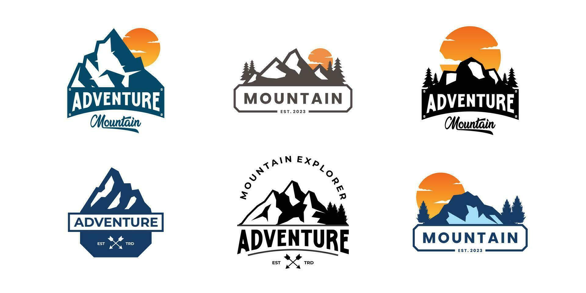 uppsättning av berg utforskning bricka logotyp design. berg resa emblem. berg expedition design. vektor