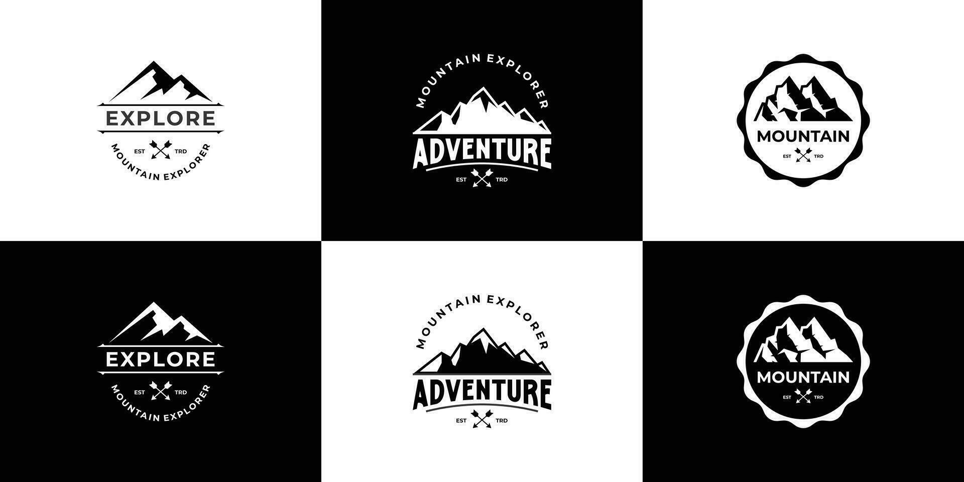 uppsättning av berg äventyr logotyp, berg resa bricka, retro berg design. vektor