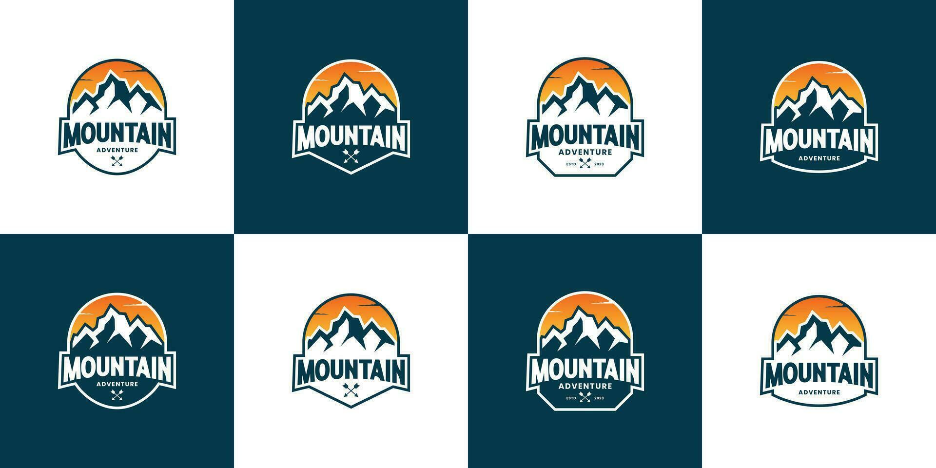 einstellen von Berg Reise Emblem, Berg Erkundung Abzeichen Logo Design. vektor