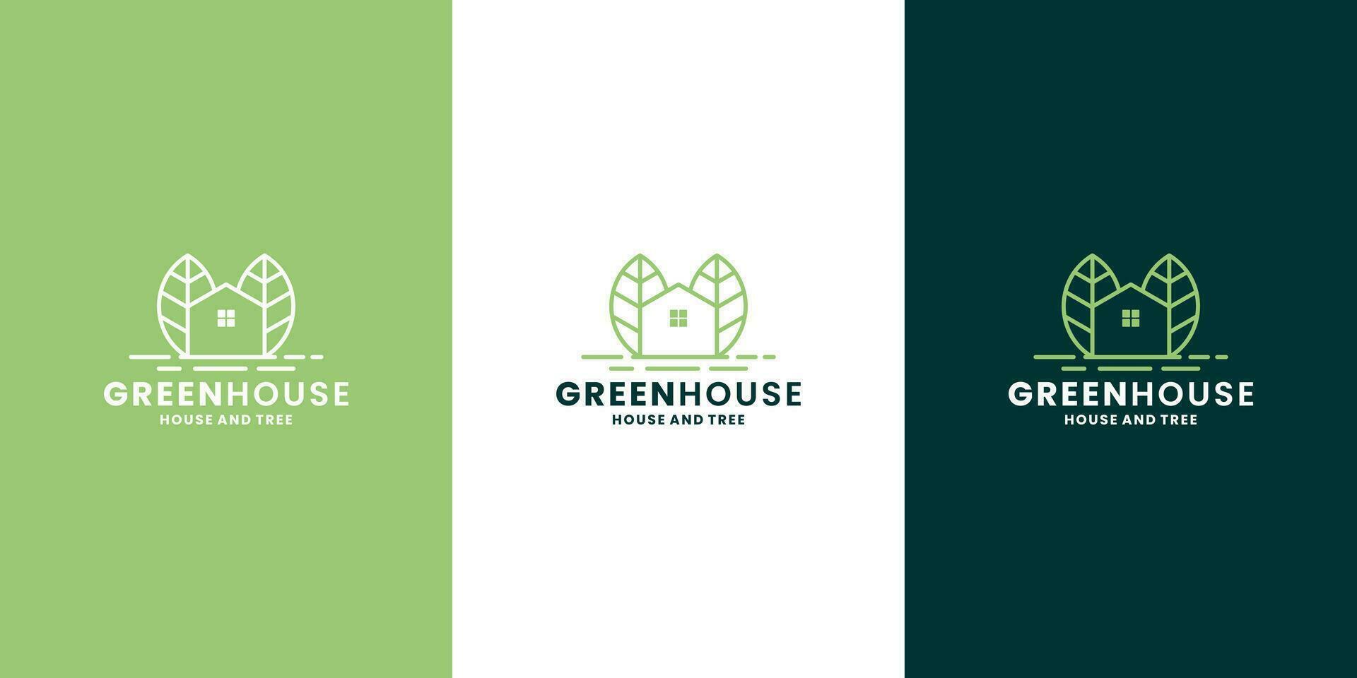 minimalistisk grön hus logotyp design. hus kombination med blad linje konst stil vektor
