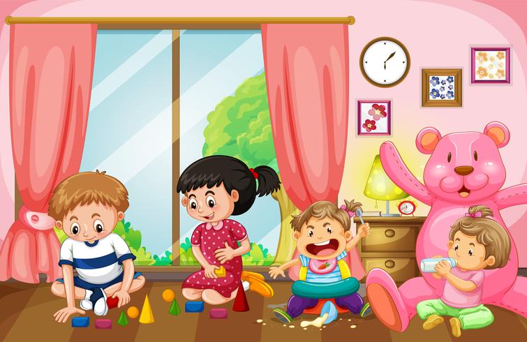 Fyra barn leker leksaker i vardagsrummet vektor