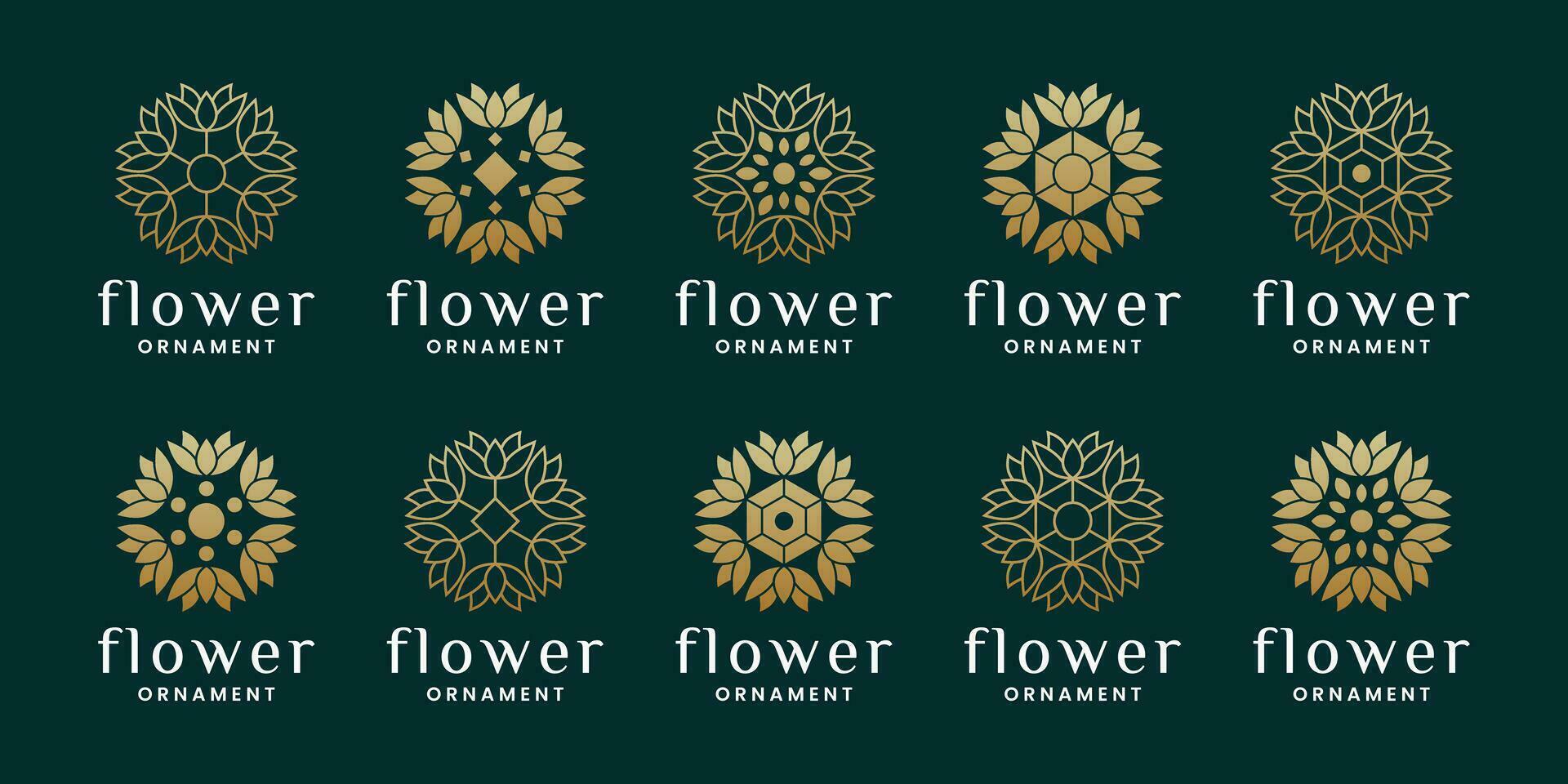 uppsättning av lyx blomma prydnad, platt och linje konst logotyp design vektor