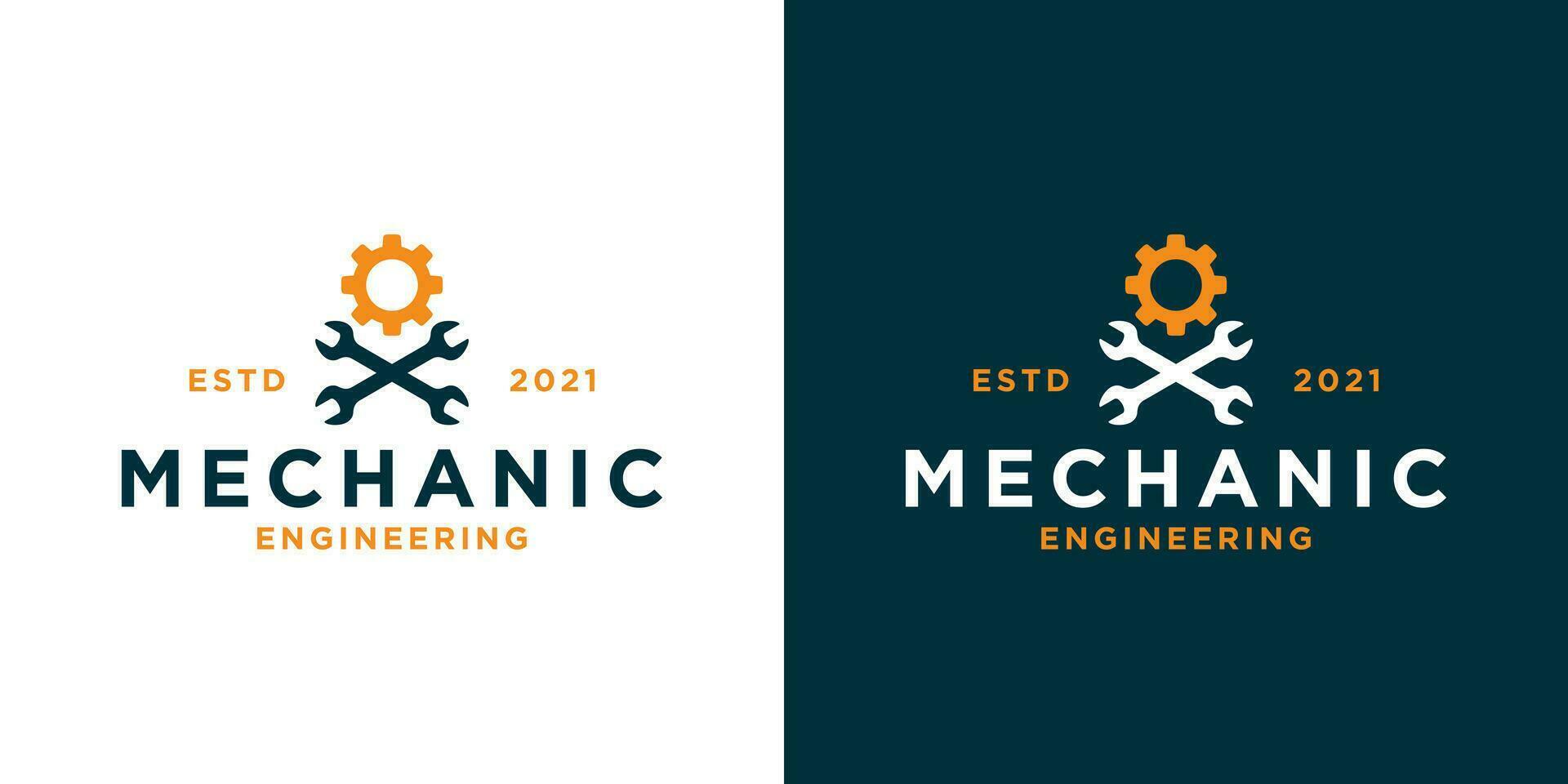 Jahrgang Mechaniker Werkstatt Logo Design mit Mechaniker Ausrüstung zum Ihre Geschäft Werkstatt usw vektor