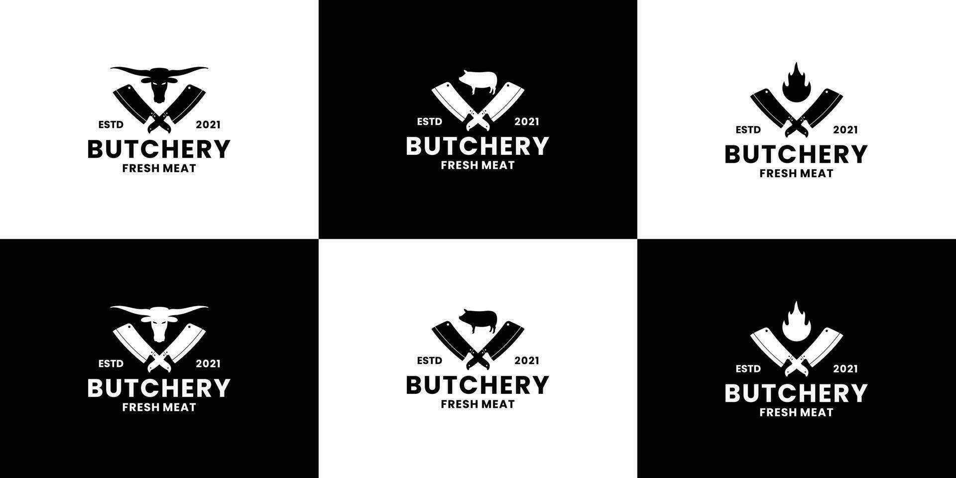 uppsättning av butchery logotyp design årgång. butchery element. kock kniv och gris kombination vektor