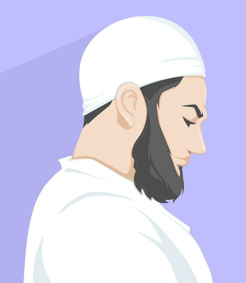 Porträt von ein bärtig Muslim Mann suchen runter. Seite Sicht. zum Avatare, Profil Fotos auf Sozial Medien eben Vektor Grafik.