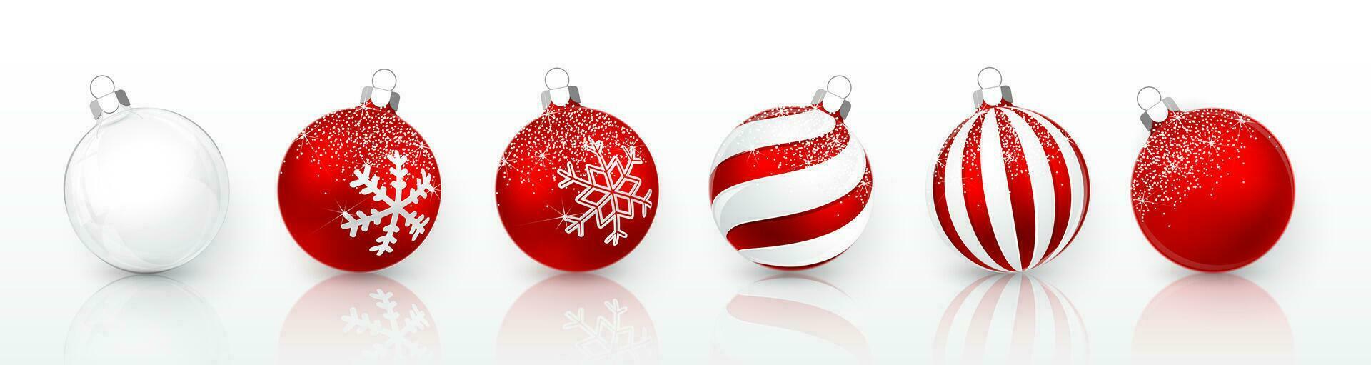 transparent und rot Weihnachten Ball mit Schnee bewirken Satz. Weihnachten Glas Ball auf Weiß Hintergrund. Urlaub Dekoration Vorlage. Vektor Illustration