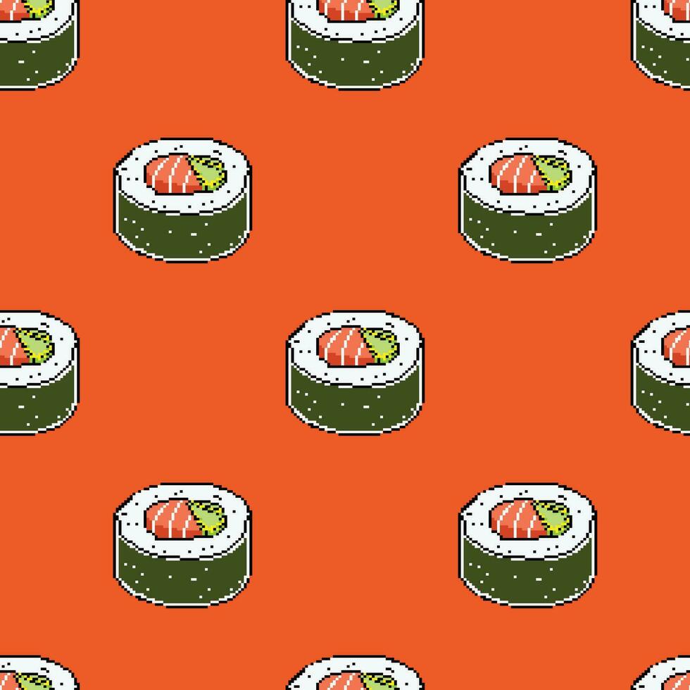 pixel konst tecknad serie karaktär sushi rulla sömlös mönster vektor