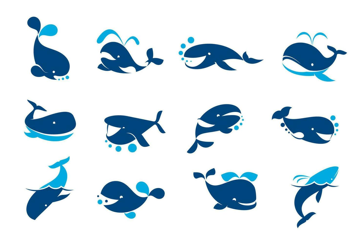 rolig blå val ikoner, hav djur- symboler uppsättning vektor