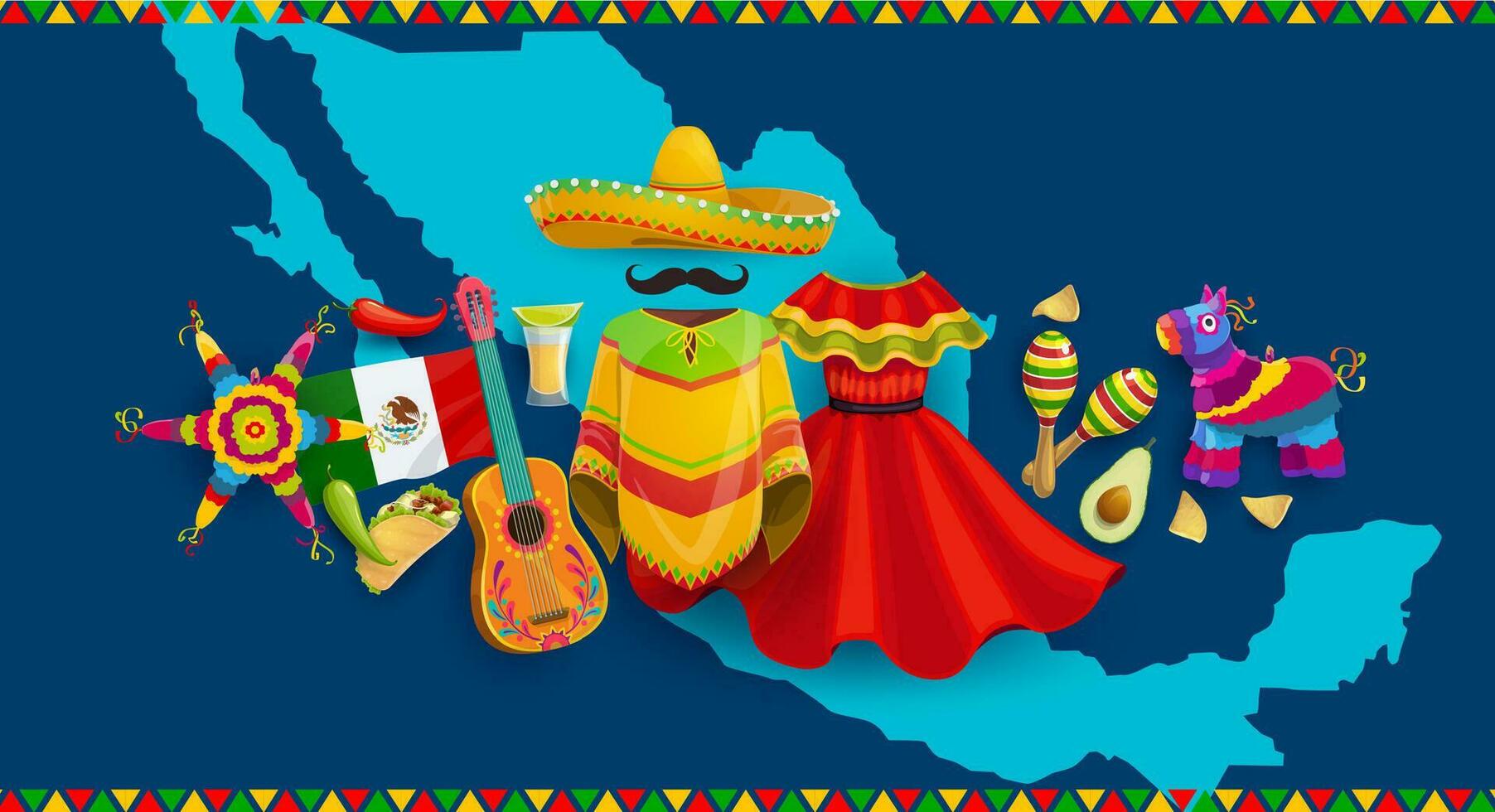 Mexiko Karte mit National Flagge, Mahlzeiten und Pflanzen vektor