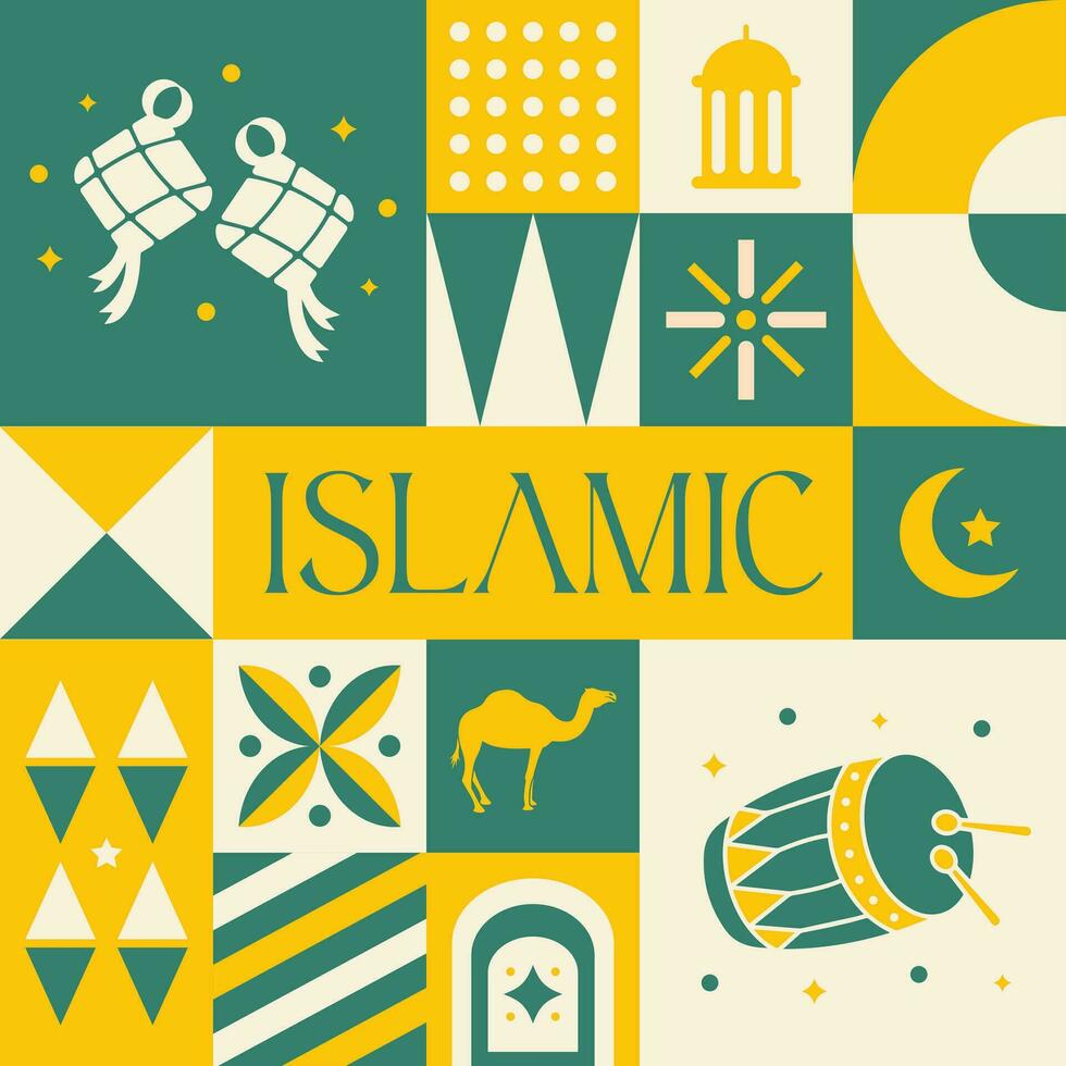 eid Mubarak islamisch nahtlos Muster im skandinavisch Stil Postkarte mit retro sauber Konzept Design vektor