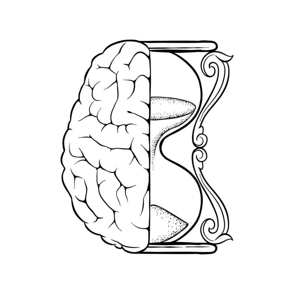 schwarz und Weiß Illustration von ein Gehirn kombiniert mit ein Sanduhr vektor