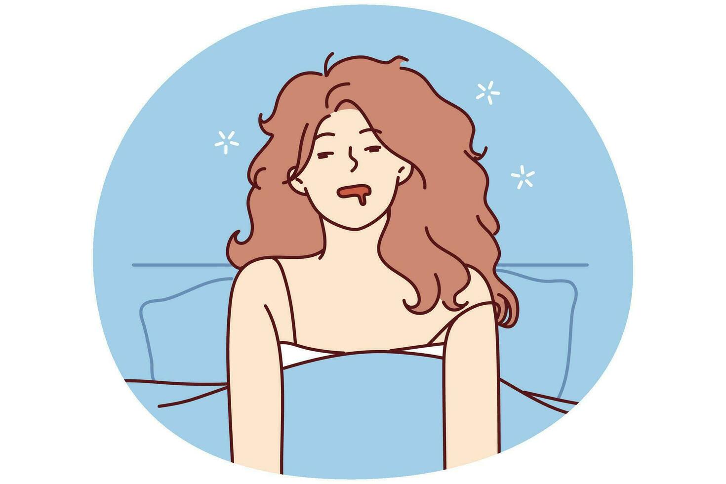 zerzaust Frau im Nachthemd sitzt im Bett nach abrupt Erwachen oder unangenehm Träume. Vektor Bild