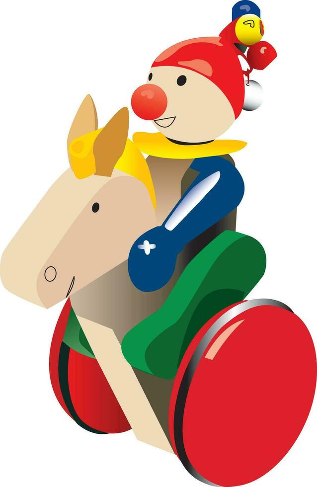 ein Karikatur Clown Reiten auf ein Spielzeug Pferd vektor