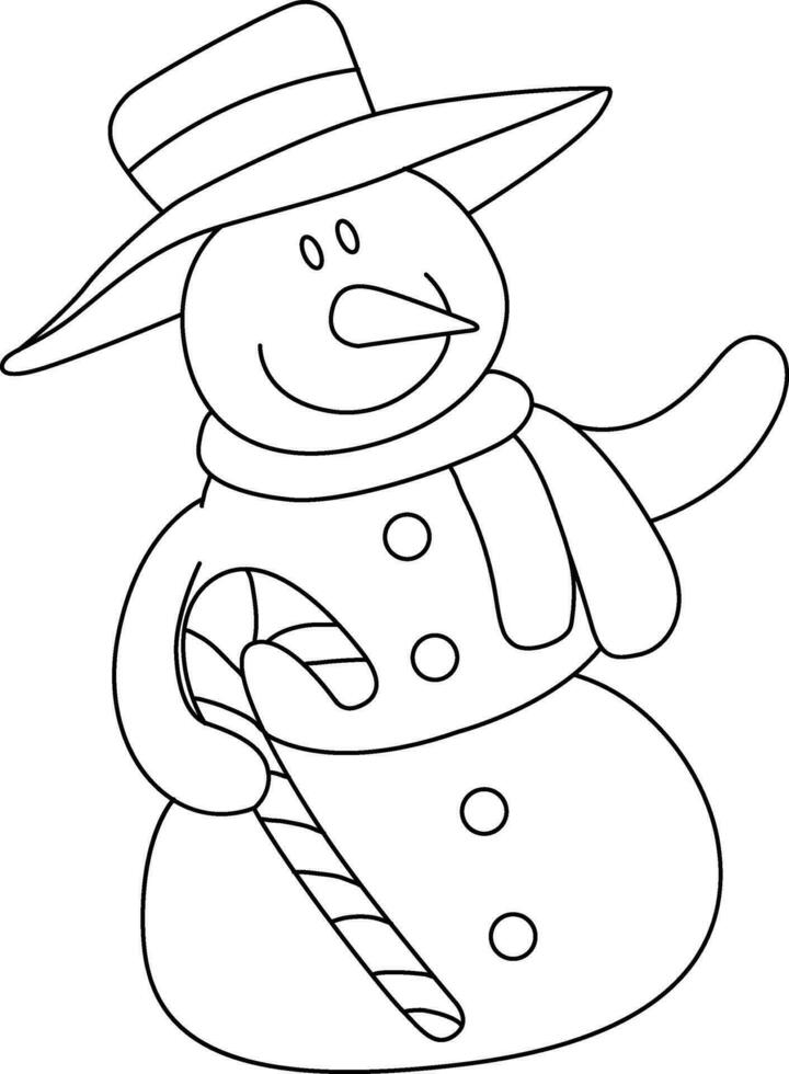 Schneemann Karikatur gezeichnet mit einfach Linien. das Schneemann hat Ast Waffen, trägt ein Hut, und ist geschmückt zum Weihnachten mit ein heiter Schneemann Karikatur haben Spaß auf Weihnachten Tag. vektor