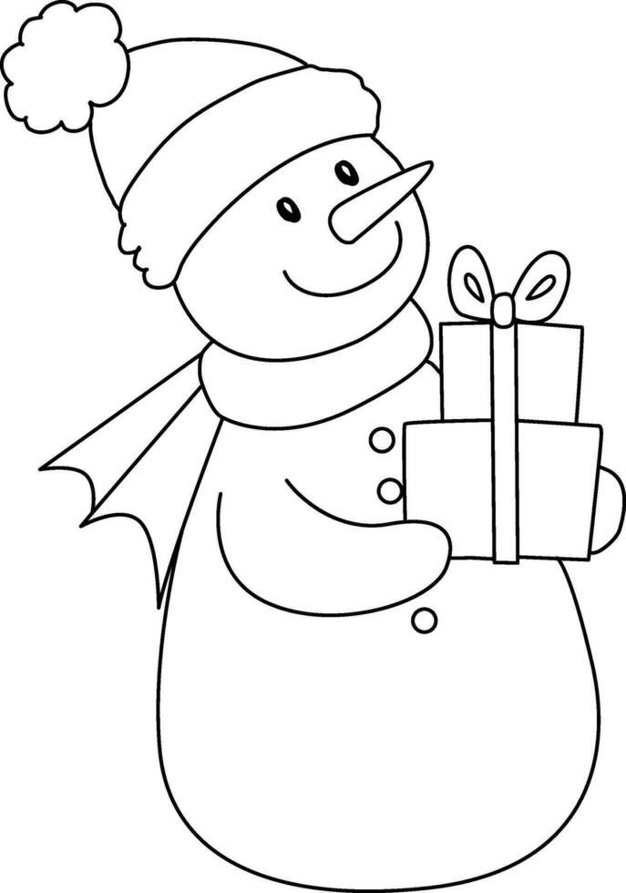Schneemann Karikatur gezeichnet mit einfach Linien. das Schneemann hat Ast Waffen, trägt ein Hut, und ist geschmückt zum Weihnachten mit ein heiter Schneemann Karikatur haben Spaß auf Weihnachten Tag. vektor
