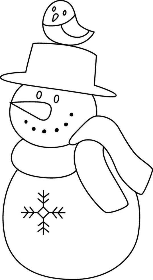 Schneemann Karikatur gezeichnet mit einfach Linien. das Schneemann hat Ast Waffen, trägt ein Hut, und ist geschmückt zum Weihnachten mit ein heiter Schneemann Karikatur haben Spaß auf Weihnachten Tag. vektor