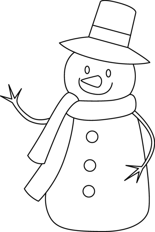 Schneemann Karikatur gezeichnet mit einfach Linien. das Schneemann hat Ast Waffen, trägt ein Hut, und ist geschmückt zum Weihnachten mit ein heiter Schneemann Karikatur haben Spaß auf Weihnachten Tag. vektor