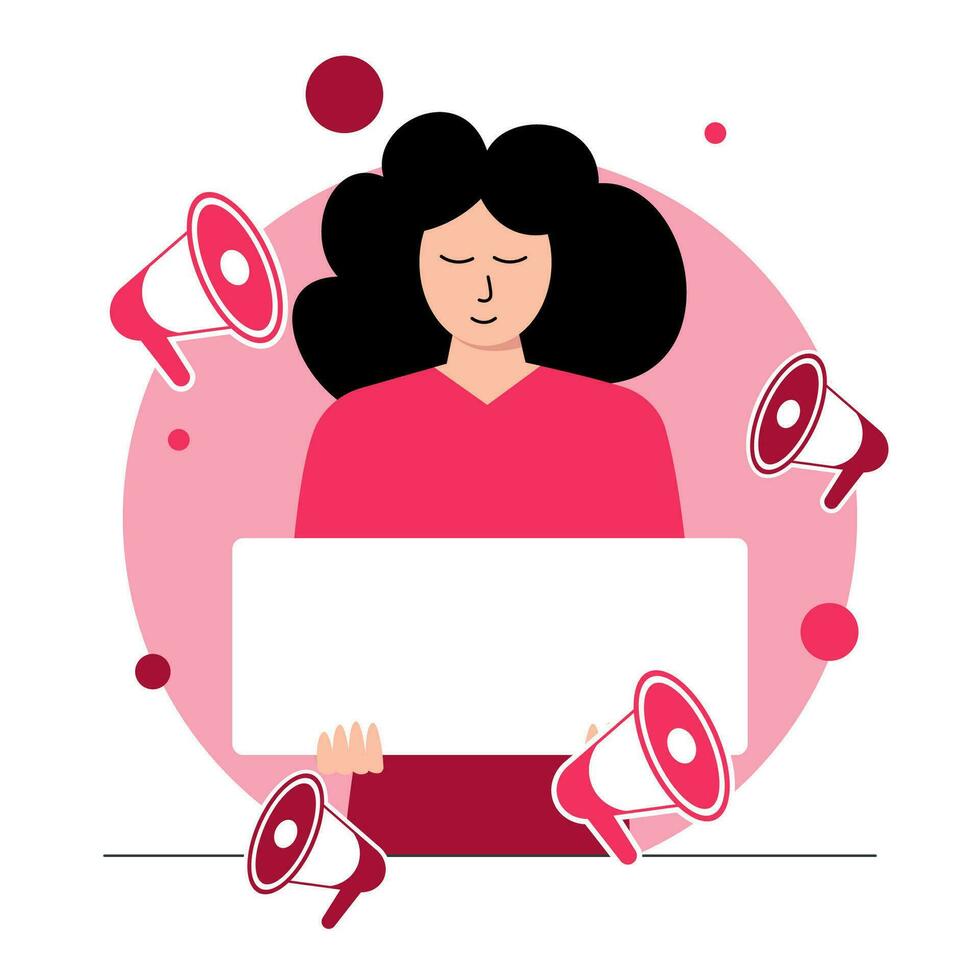 en flicka med en tecken Ansluta sig vår gemenskap. reklam illustration i röd färger och med högtalare vektor